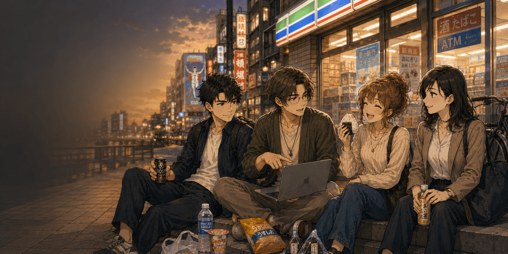 Yui, Kaoru, Daichi, and Takumi sharing snacks outside a convenience store in Osaka