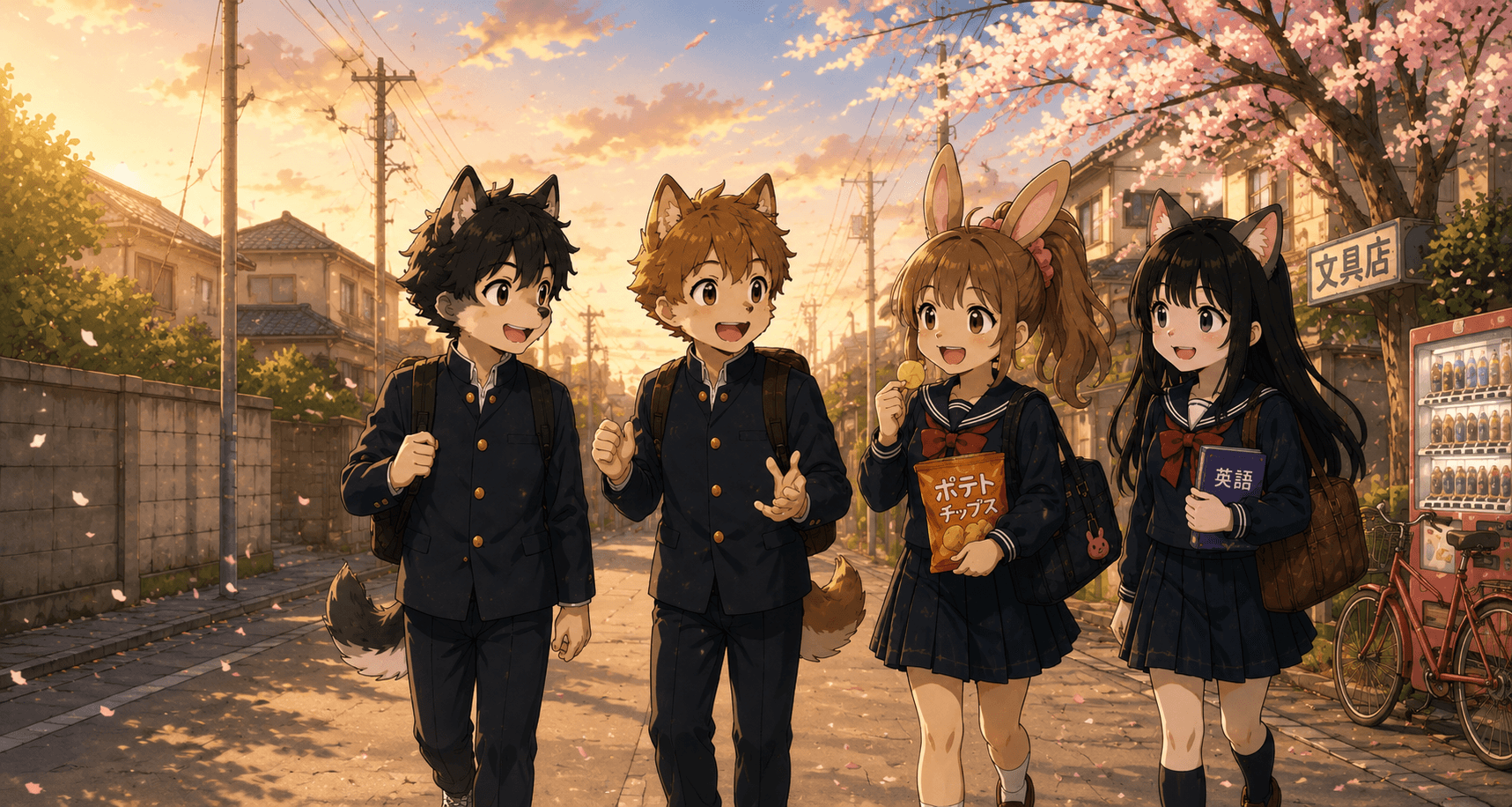 Ren and his friends walking together under cherry blossoms