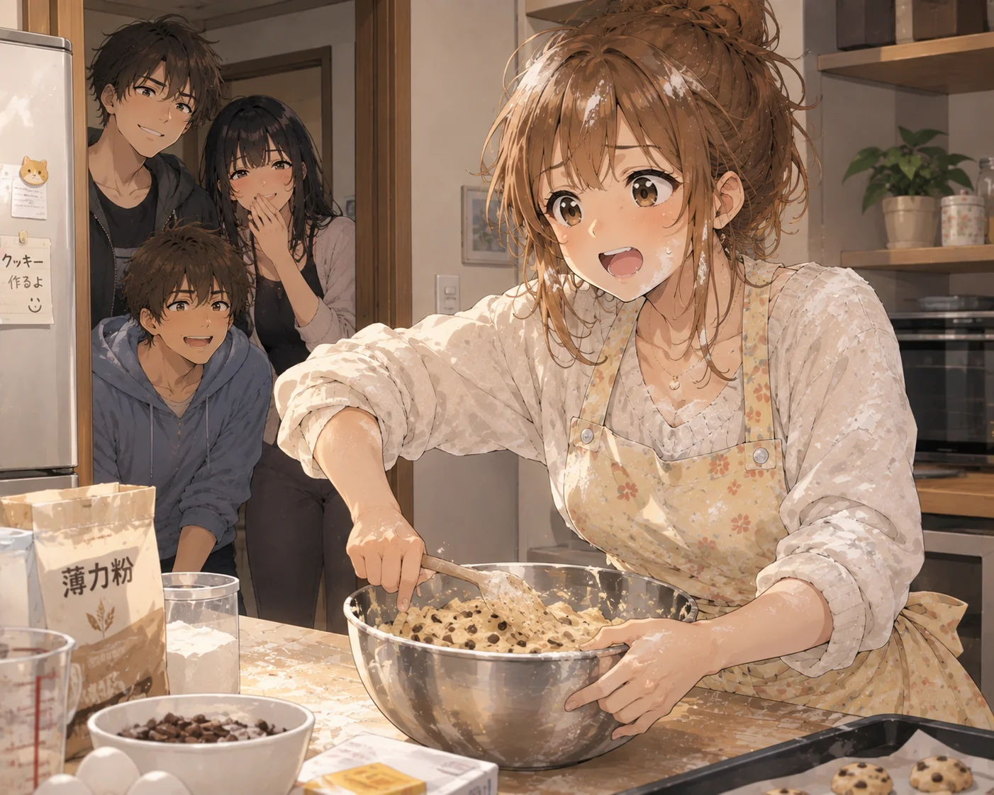 In Yui's kitchen, Yui stirs a bowl of cookie dough with flour on her cheeks while Takumi, Daichi and Kaoru peek in from the doorway, smiling and laughing.