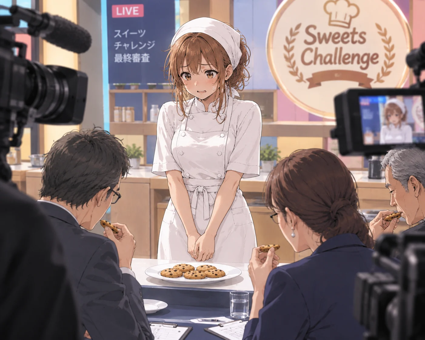 At the live baking contest, a nervous Yui in a white chef's coat and kerchief waits with her hands clasped while three judges taste her cookies.