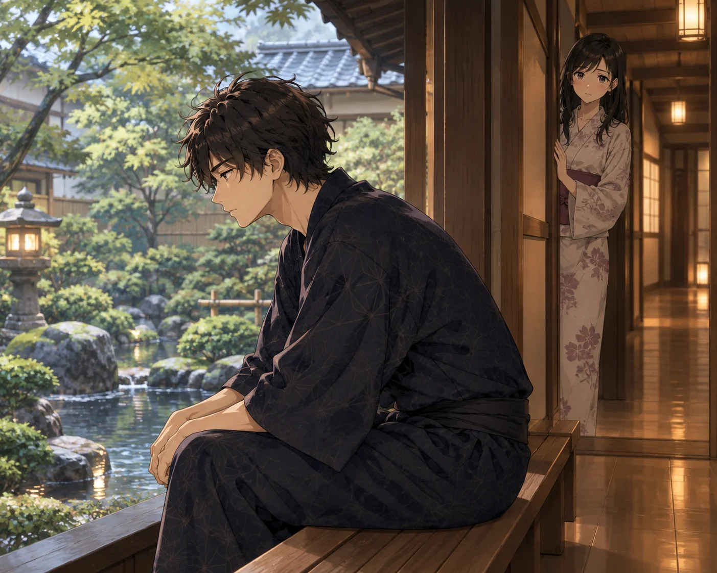 Takumi sits alone on a wooden bench beside the garden, looking down, while Kaoru watches him from the hallway.