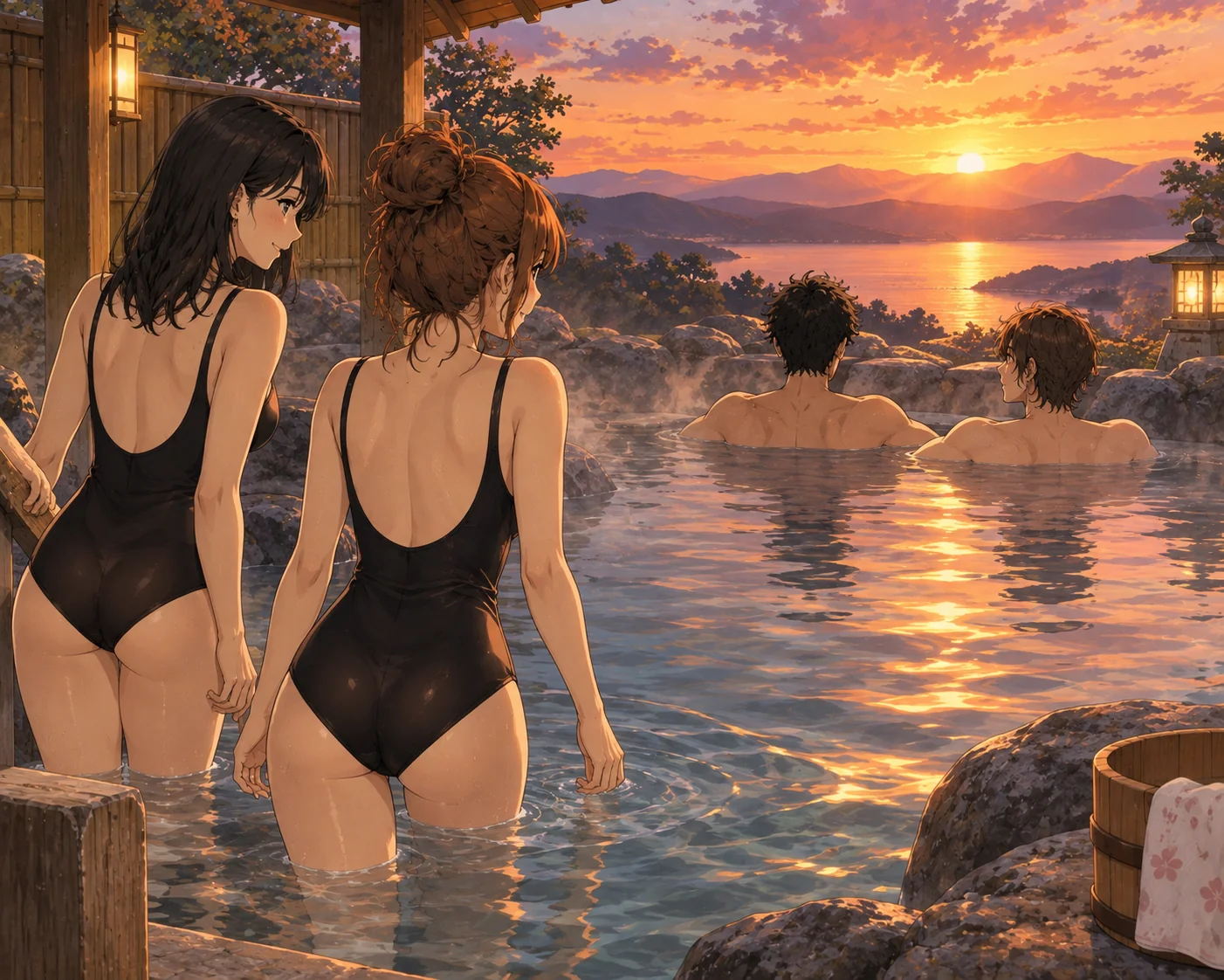 At sunset, Kaoru and Yui wade into the open-air bath in black swimsuits while Takumi and Daichi sit in the water looking at the mountains.
