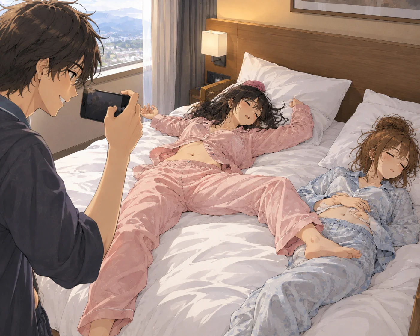 Takumi smiles and holds up his phone to take a picture of Kaoru and Yui, who are asleep in their pajamas on a hotel bed.