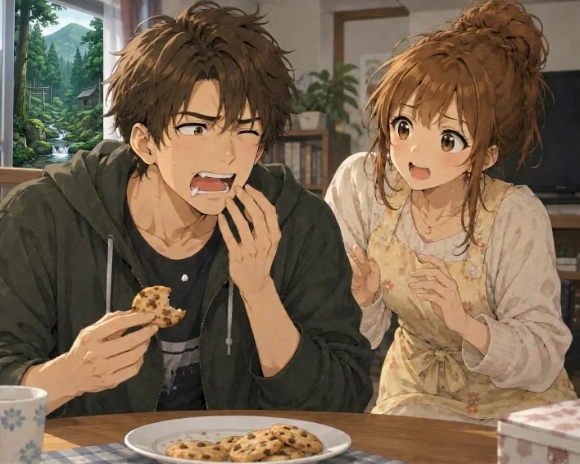 Daichi winces and holds his mouth after biting into a hard pastry while Yui watches him in alarm.