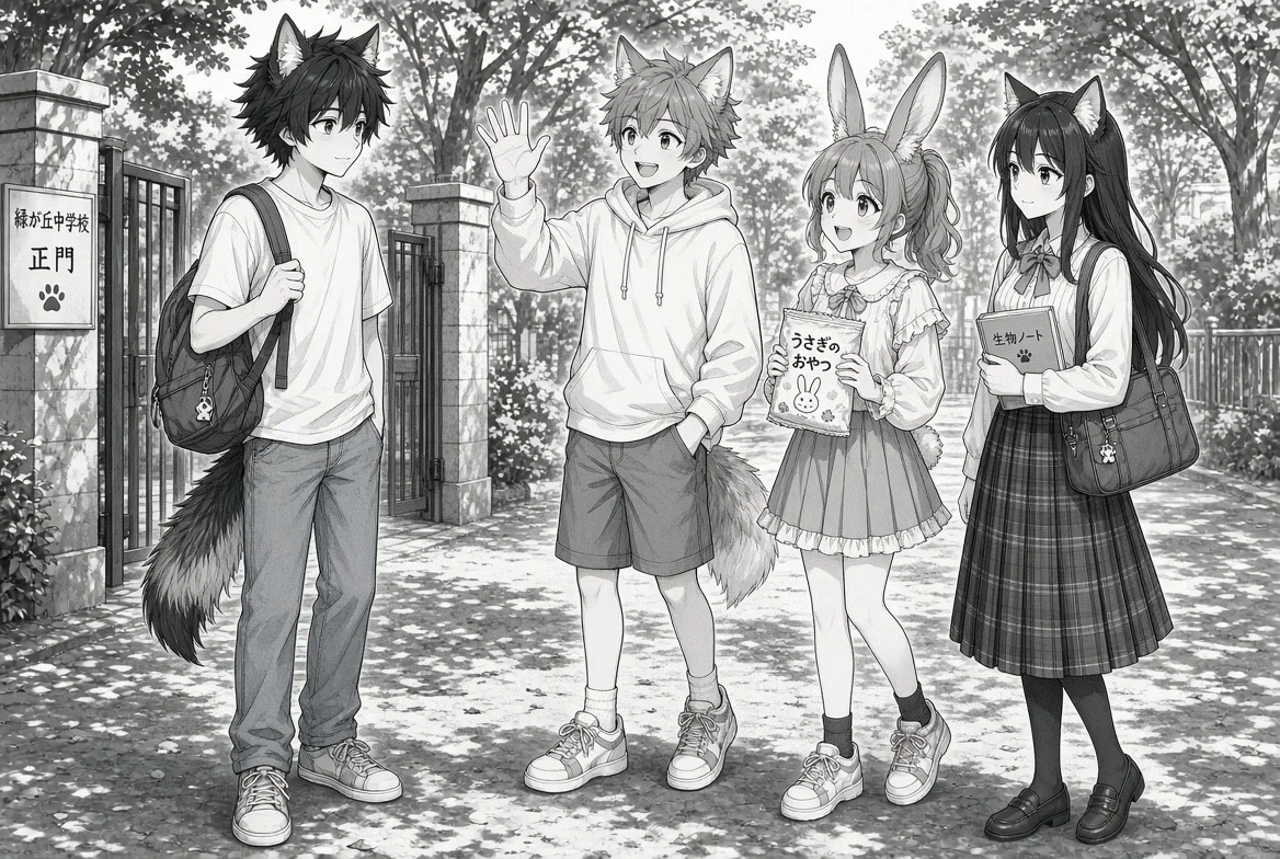 Ren waves hello to Hana, Sora and Momo as the four friends meet.