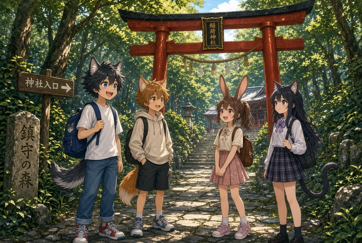 The four children stand at the red torii gate at the bottom of the shrine's stone steps.