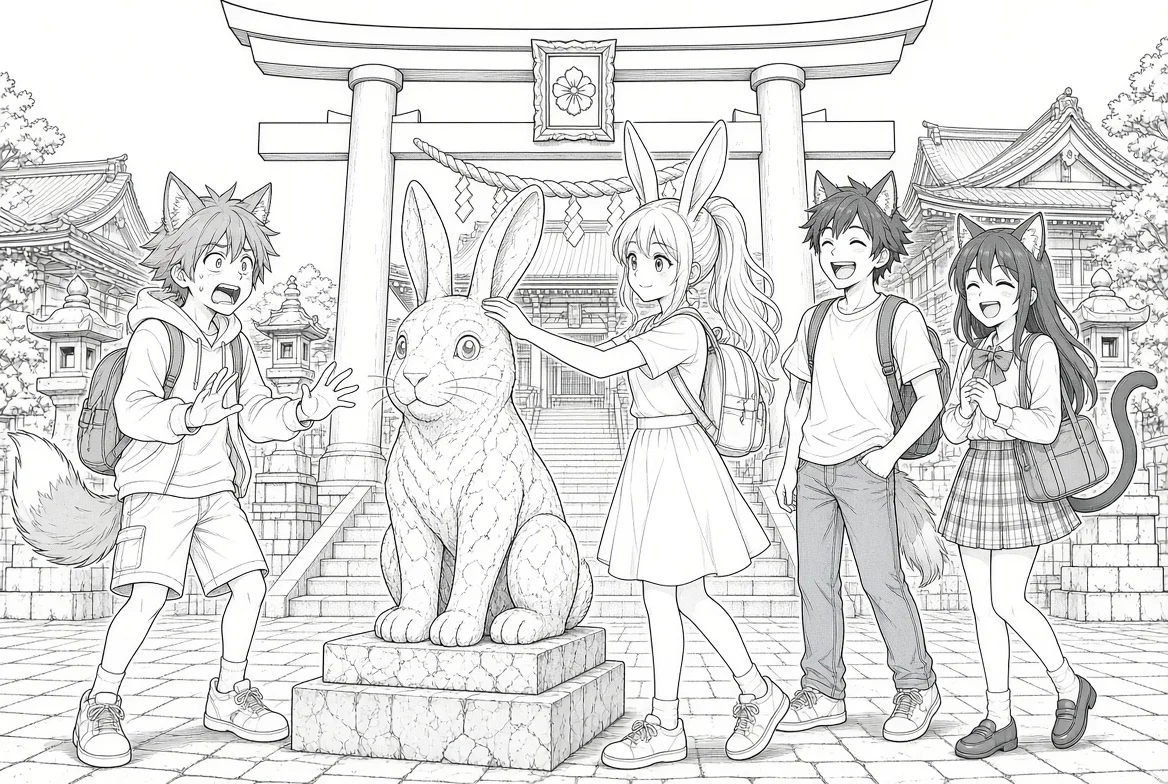 Momo rubs the head of the stone rabbit statue while Sora backs away and Hana and Ren laugh.