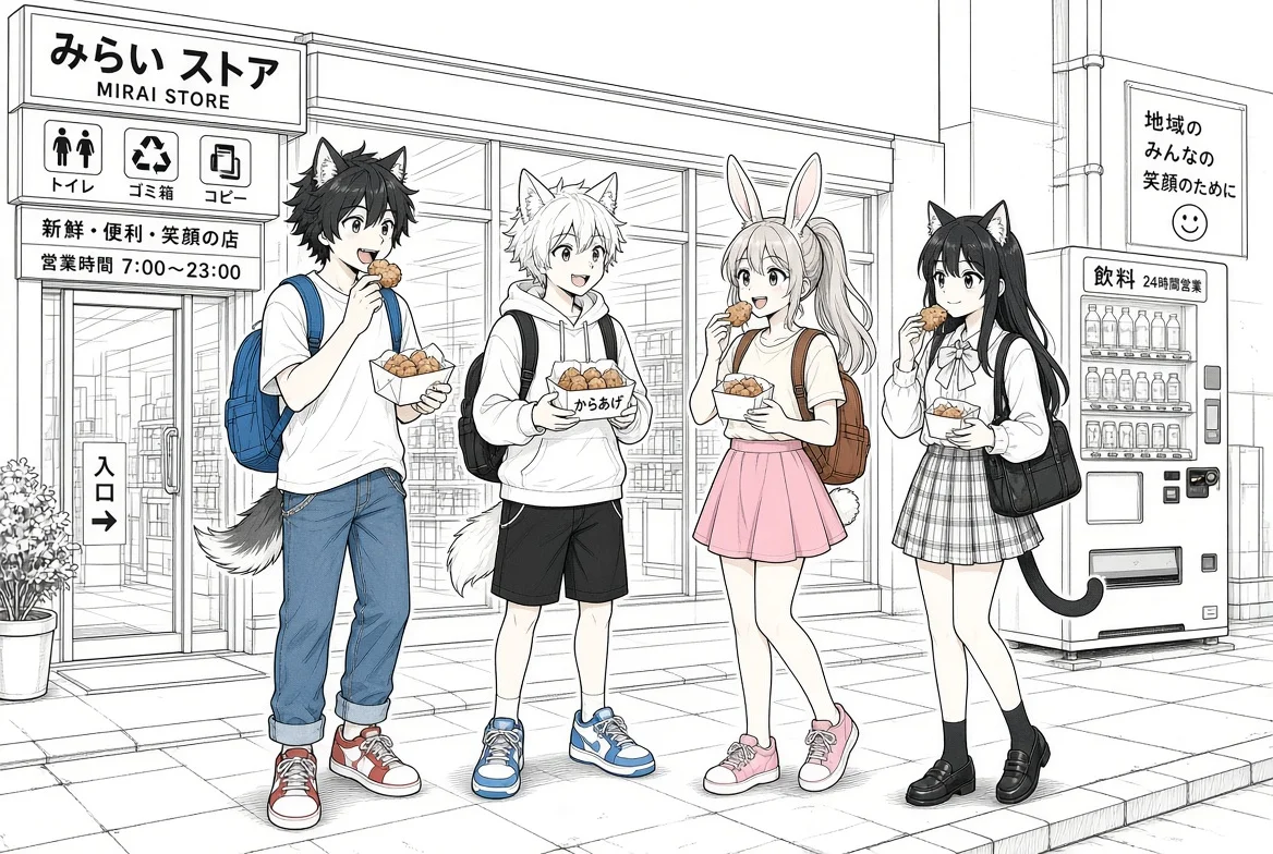 The four children eat karaage outside the convenience store.