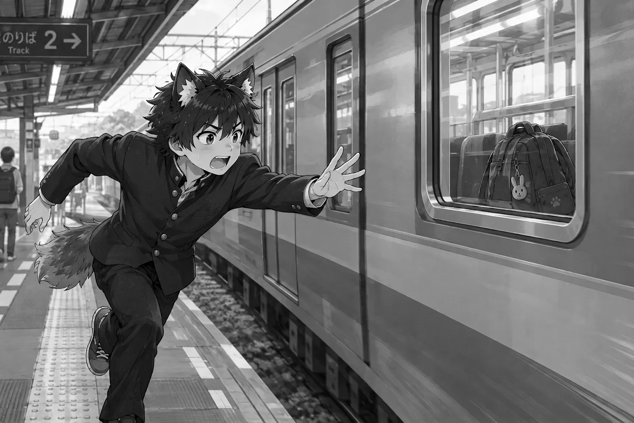 Ren runs along the platform and reaches toward the train as his blue backpack sits on a seat inside.