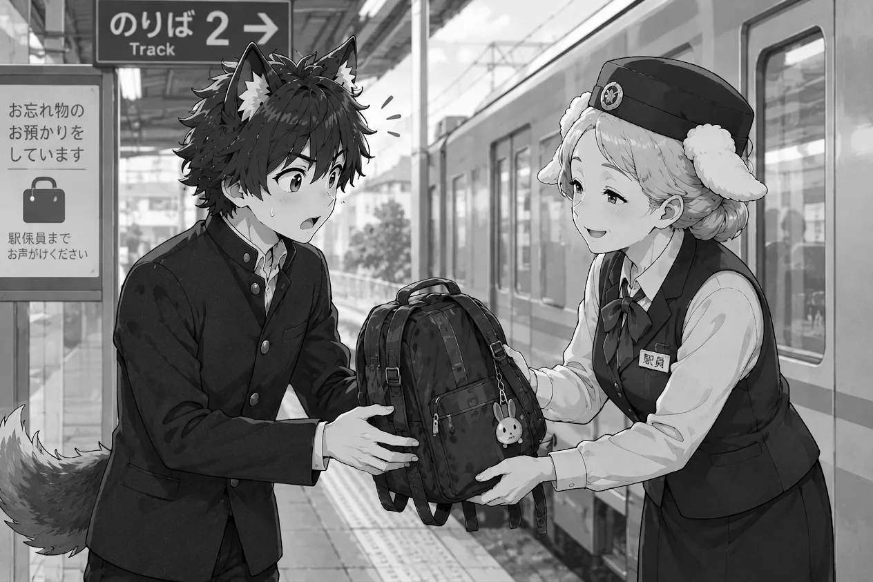 A station staff member hands Ren his backpack on the platform.