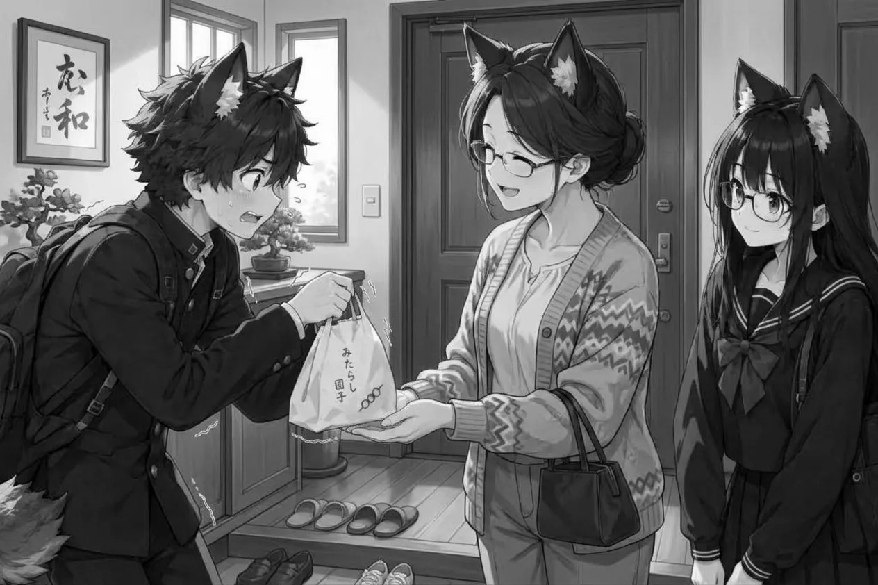 Ren nervously holds out the bag of dango to Hana's mother at the front door while Hana watches.