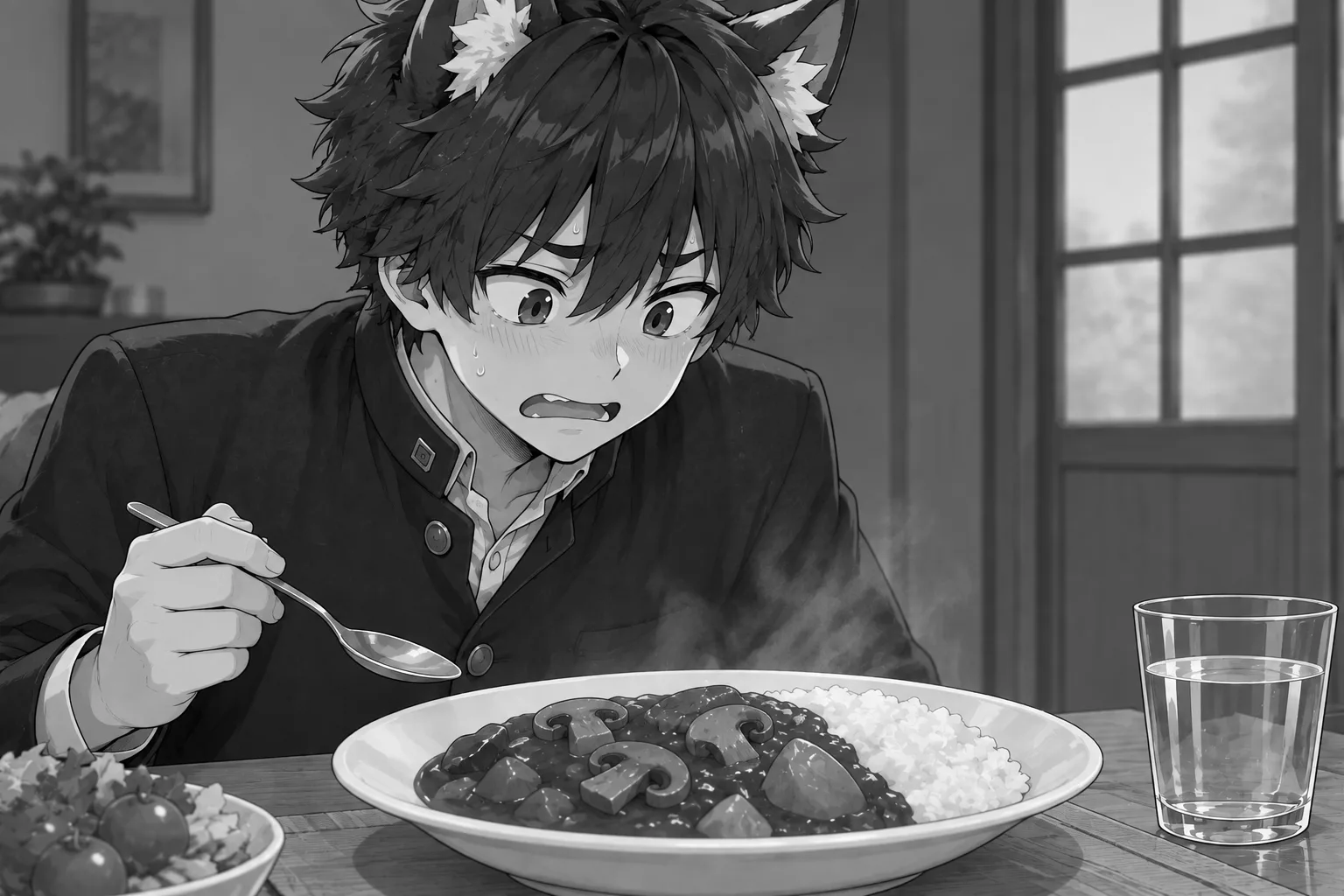 Ren looks worried as he holds a spoon over a plate of curry with mushrooms.
