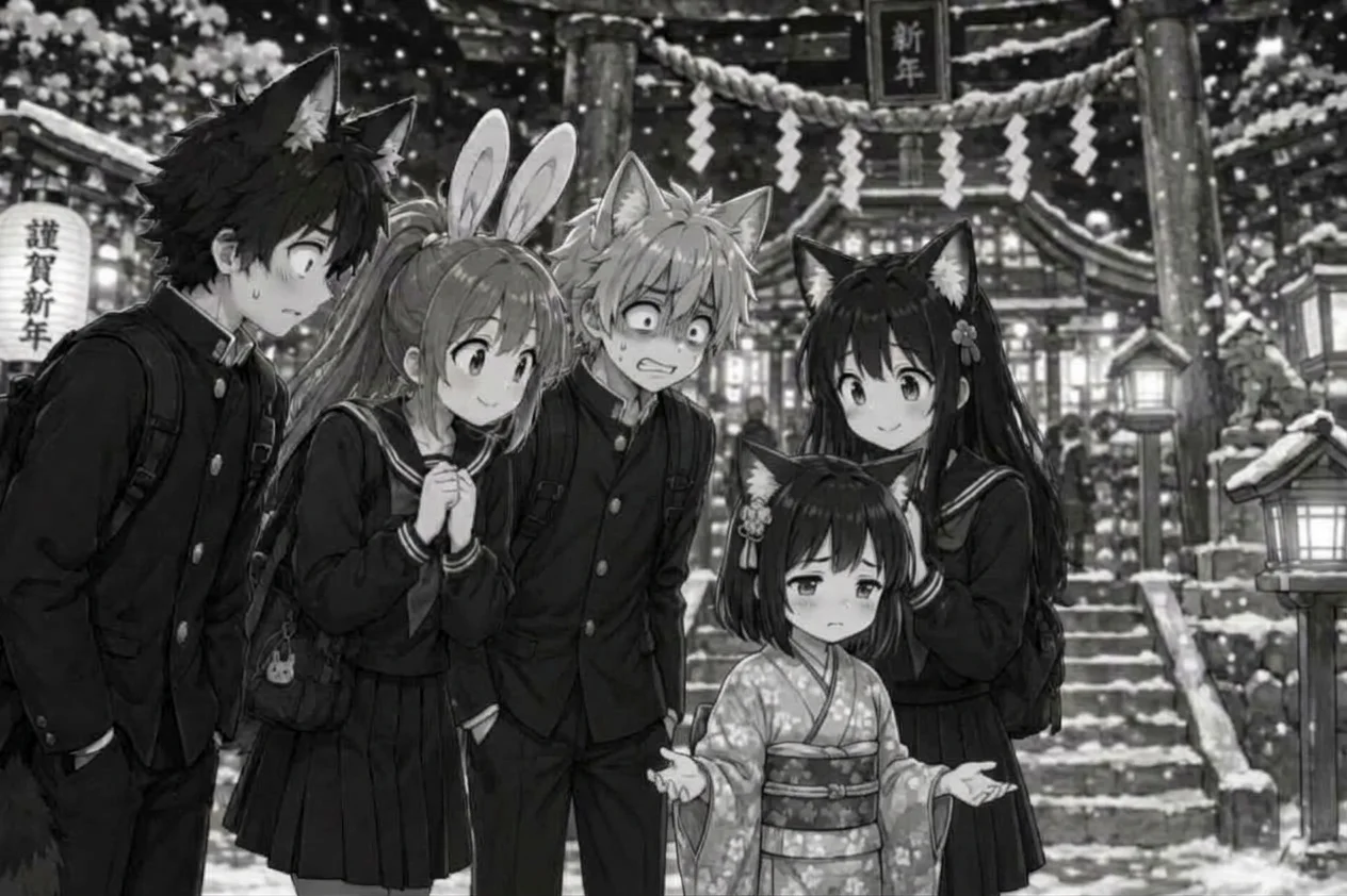The four friends look worried as they gather around Shinobu, a small girl in a kimono, in front of the snowy shrine gate at night.