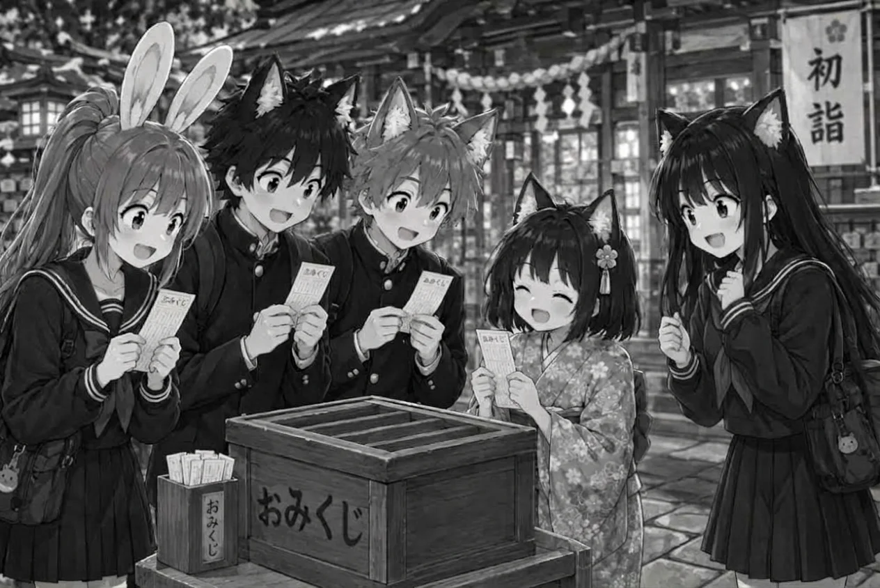 The friends smile and read their omikuji fortunes beside an omikuji box at the shrine.