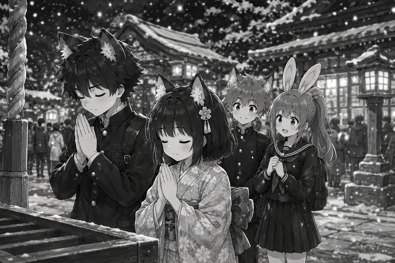 Ren and Shinobu close their eyes and pray with their hands together in the falling snow while Sora and Hana watch.