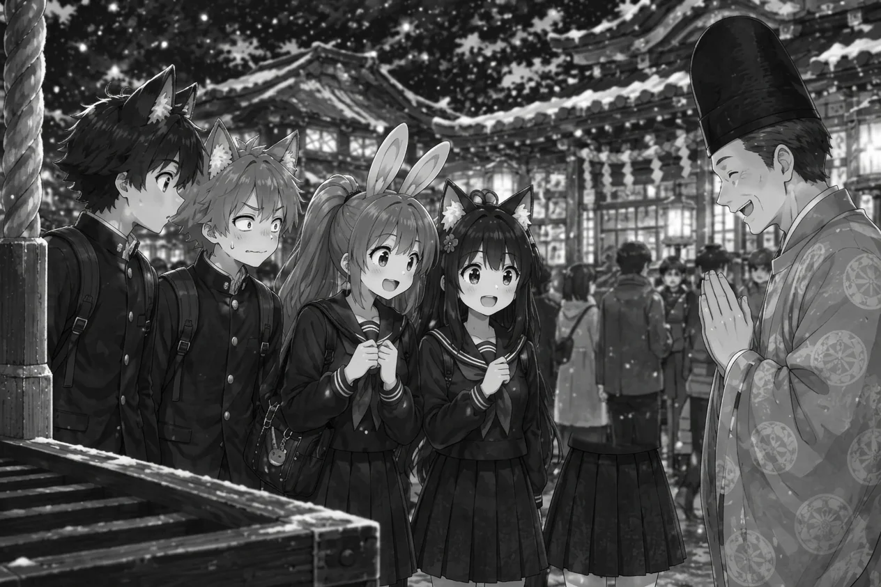 The smiling priest in his tall black hat puts his hands together as the four friends listen.