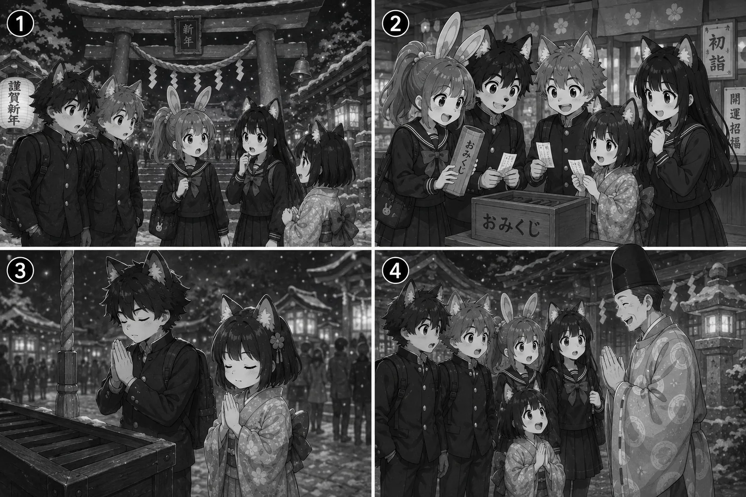 Four scenes at the shrine on New Year's Eve: the friends arrive at the torii gate, hold their omikuji fortunes, pray at the offering box with Shinobu, and meet the priest.