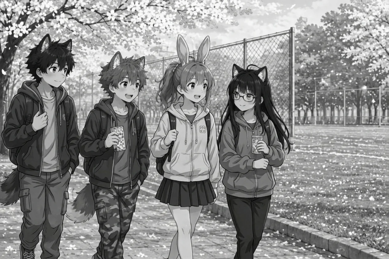 The four friends walk along a path under cherry trees, carrying backpacks and drinks, with Momo catching petals nearby.