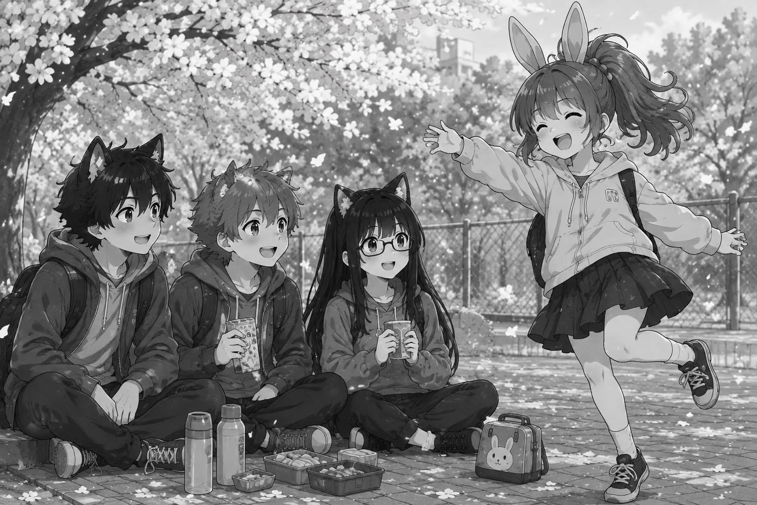 Momo dances happily in the falling petals while Ren, Sora and Hana sit on the ground with their drinks and lunch boxes.