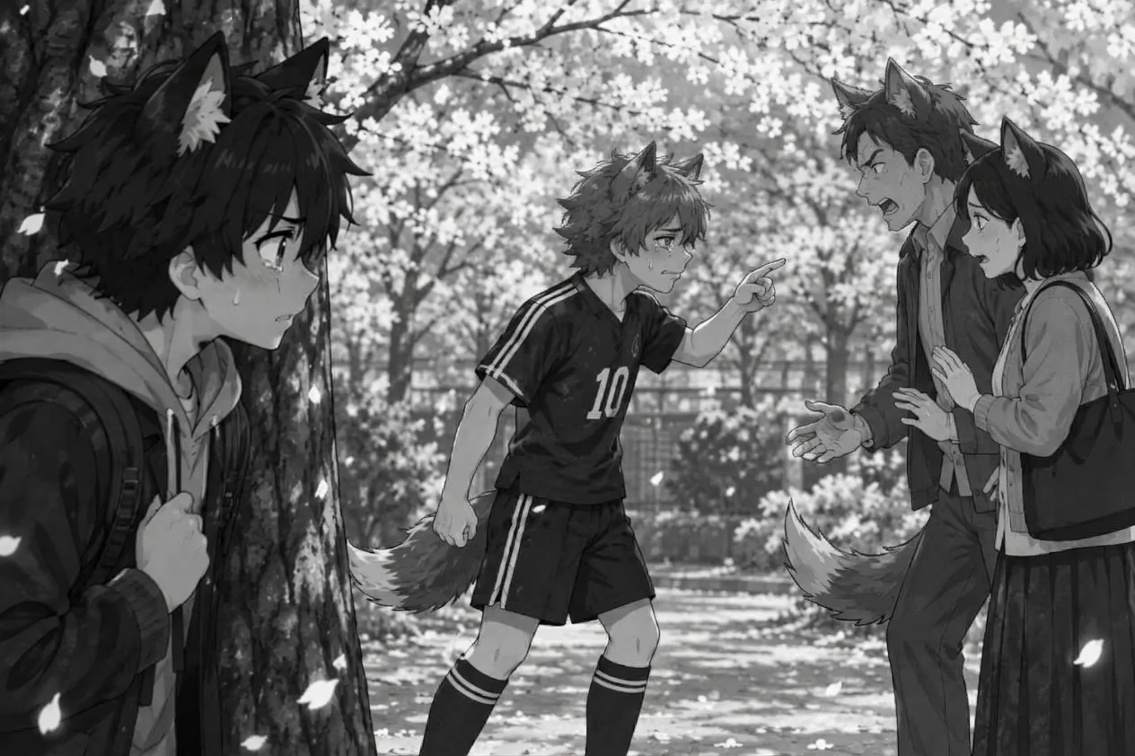 Yusuke points angrily at his father while his mother watches nervously, and Ren stands near a tree looking upset.