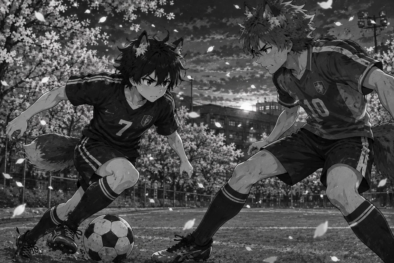 Ren and Yusuke race for the soccer ball on a field as cherry blossom petals fall around them.